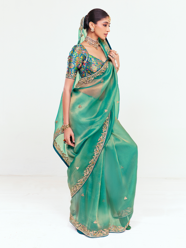 Sea Green Organza Silk Saree With Contrast Blouse