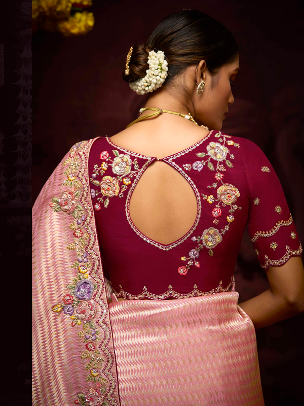 Peach Banarasi Designer Silk Saree With Contrast Blouse