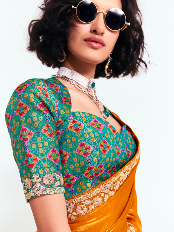 Saffron Orange Satin Silk Saree With Contrast Blouse
