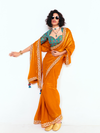 Saffron Orange Satin Silk Saree With Contrast Blouse