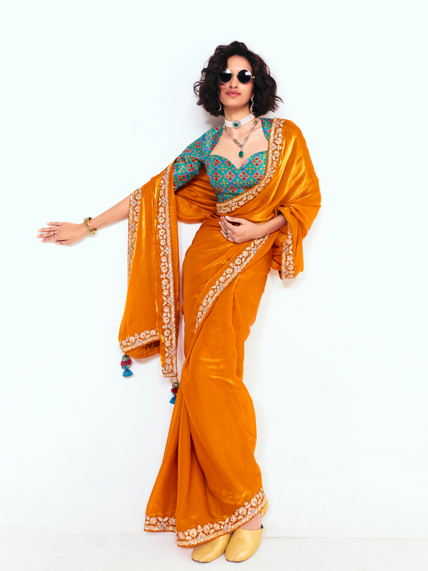 Saffron Orange Satin Silk Saree With Contrast Blouse