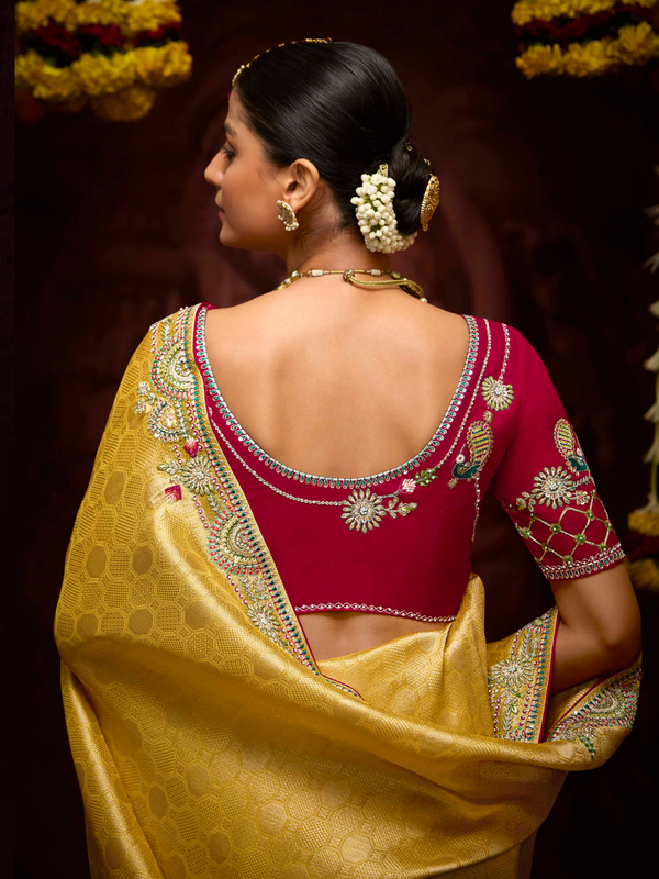 Golden Yellow Banarasi Designer Silk Saree With Contrast Blouse