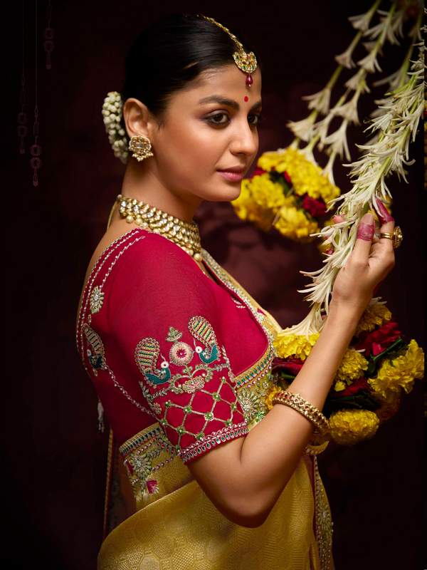 Golden Yellow Banarasi Designer Silk Saree With Contrast Blouse