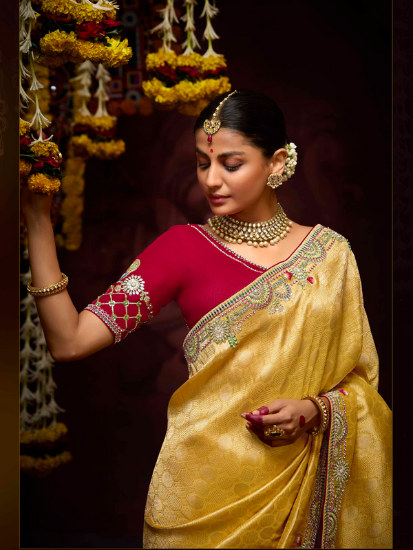 Golden Yellow Banarasi Designer Silk Saree With Contrast Blouse