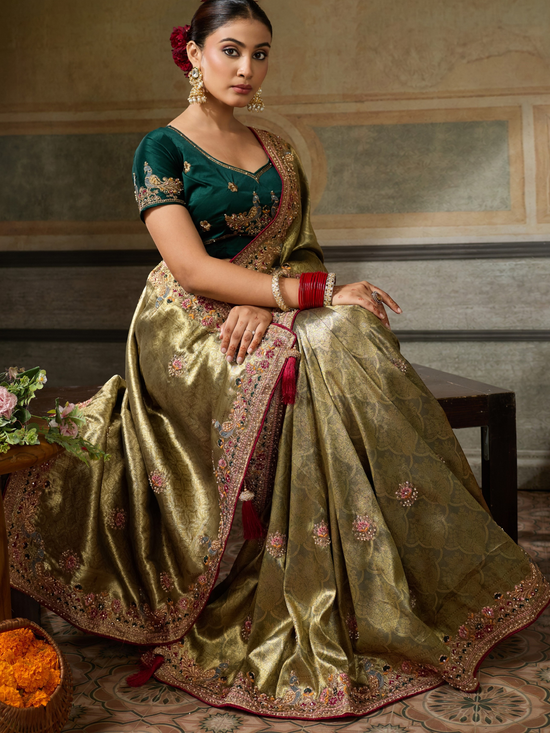 Antique Gold Banarasi Satin Silk Saree With Contrast Blouse