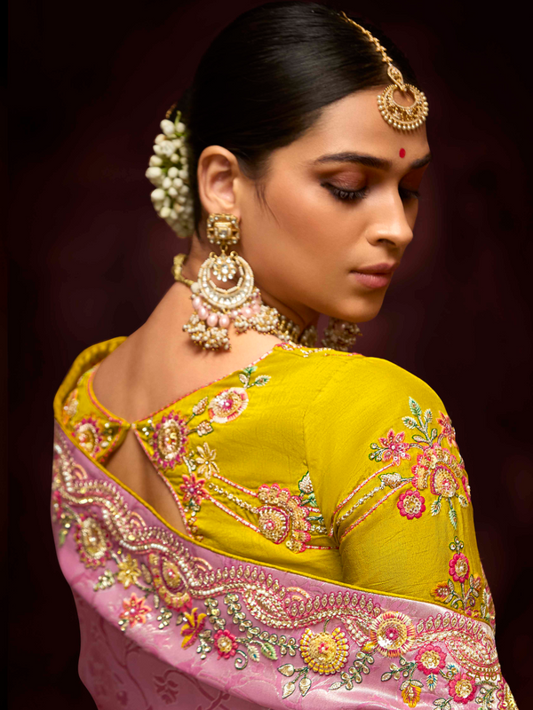 Pink Banarasi Designer Silk Saree With Contrast Blouse