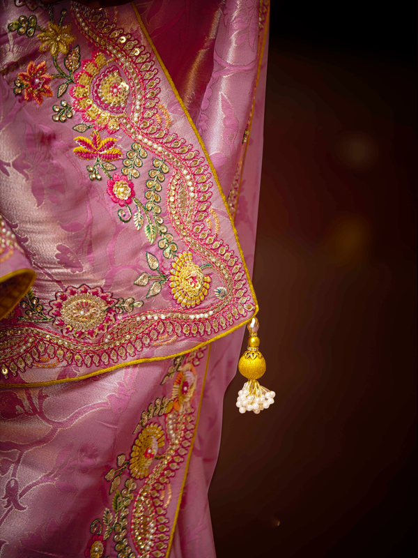 Pink Banarasi Designer Silk Saree With Contrast Blouse
