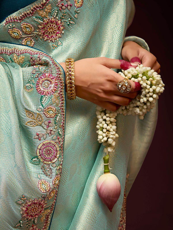 Mint Green Banarasi Designer Silk Saree With Contrast Blouse