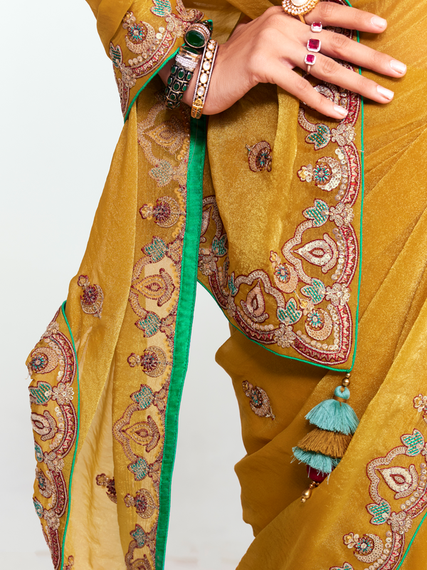 Mustard Yellow Organza Silk Saree With Contrast Blouse