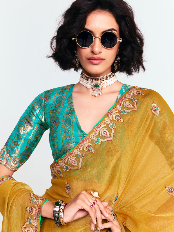 Mustard Yellow Organza Silk Saree With Contrast Blouse