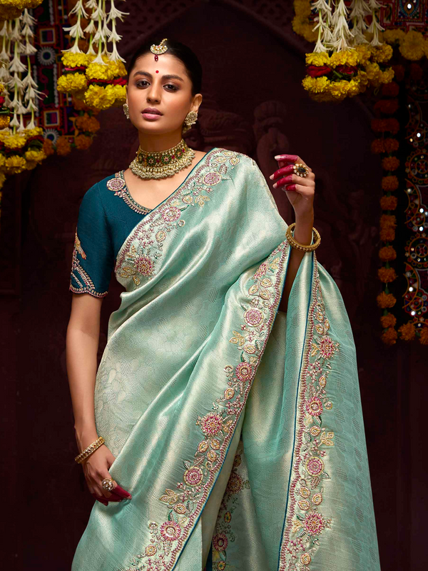 Mint Green Banarasi Designer Silk Saree With Contrast Blouse