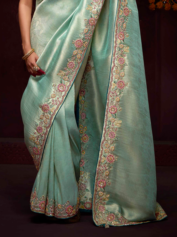 Mint Green Banarasi Designer Silk Saree With Contrast Blouse