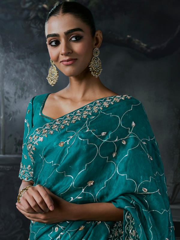 Peacock Teal Embroidered Designer Satin Silk Saree