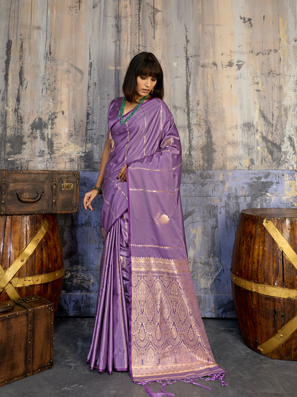 Lilac Purple Banarasi Satin Silk Saree