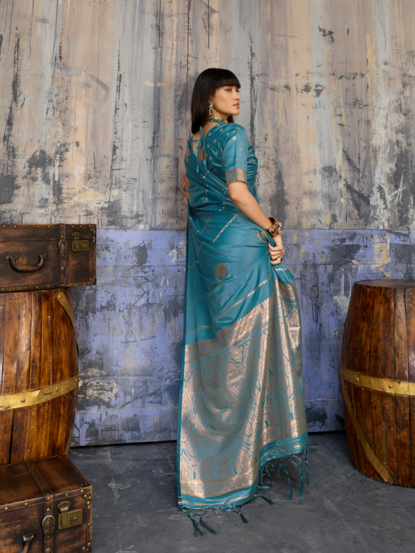 Teal Blue Banarasi Satin Silk Saree