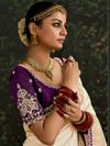 Off White Designer Banarasi Dola Silk Saree With Golden Zari Work