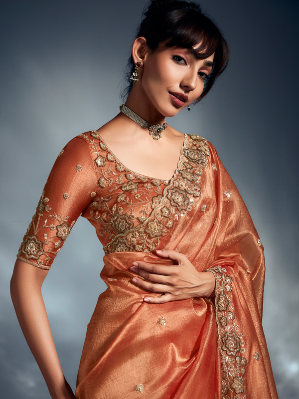 Copper Embroidered Designer Tissue Organza Silk Saree