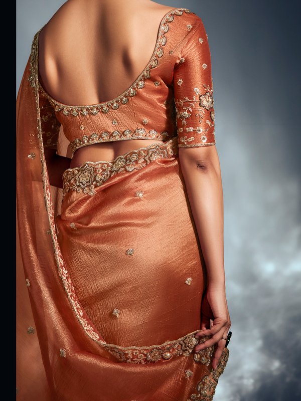 Copper Embroidered Designer Tissue Organza Silk Saree