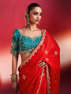 Scarlet Red Embroidered Designer Satin Silk Saree With Contrast Blouse