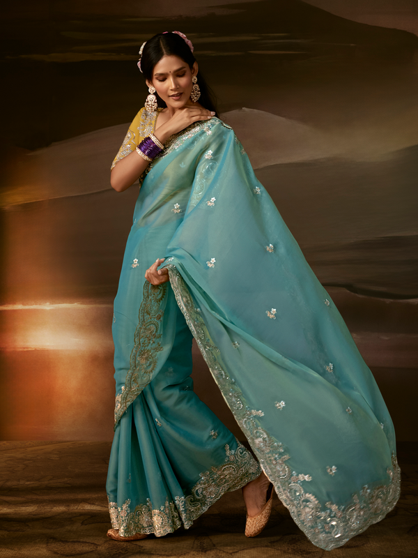 Aqua Blue Embroidered Designer Organza Silk Saree