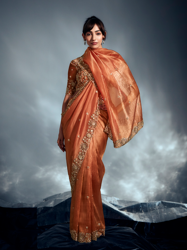 Copper Embroidered Designer Tissue Organza Silk Saree