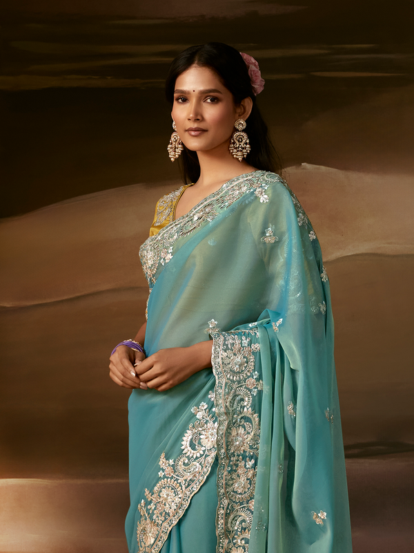 Aqua Blue Embroidered Designer Organza Silk Saree