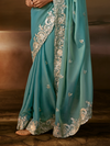 Aqua Blue Embroidered Designer Organza Silk Saree