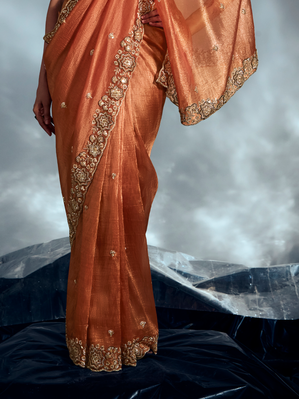 Copper Embroidered Designer Tissue Organza Silk Saree