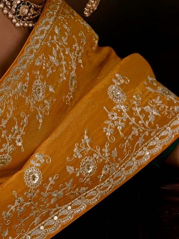 Mustard Yellow Embroidered Designer Tissue Silk Saree With Contrast Blouse