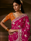 Magenta Pink Embroidered Designer Organza Silk Saree
