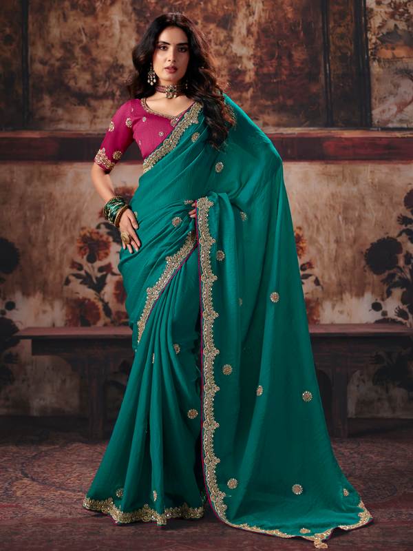 Teal Green Embroidered Designer Satin Silk Saree With Contrast Blouse