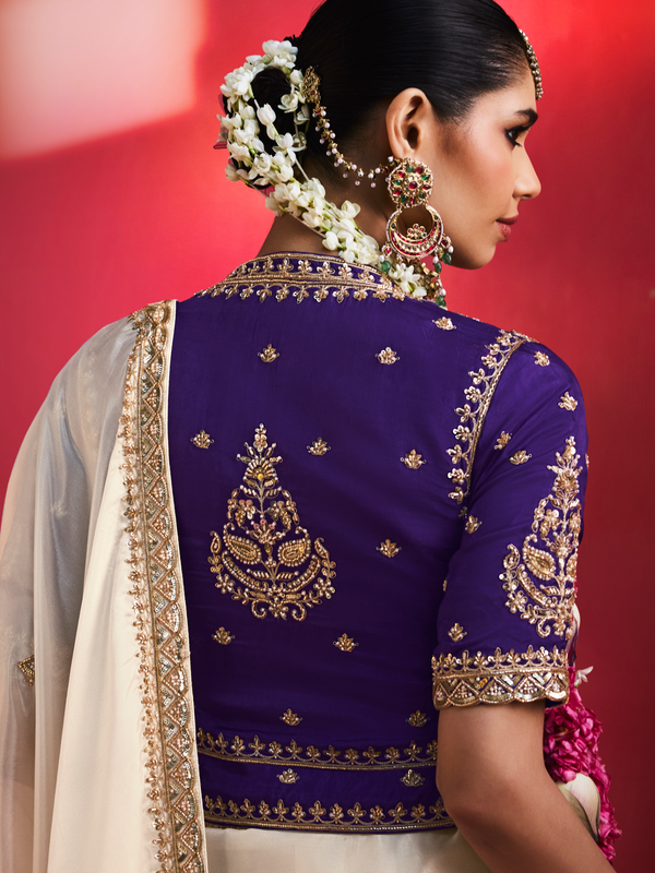 Ivory Embroidered Designer Satin Silk Saree With Contrast Blouse