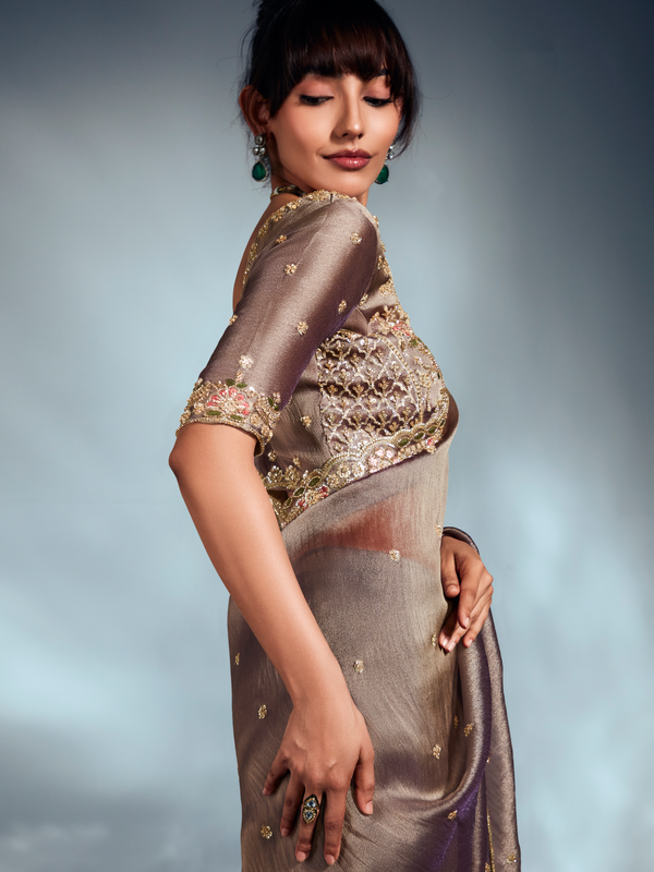 Mocha Brown Embroidered Designer Tissue Organza Silk Saree