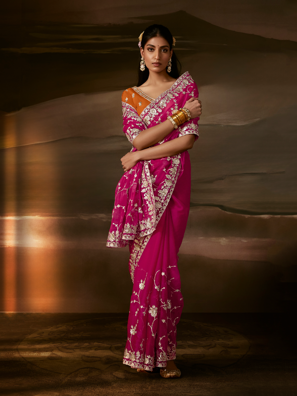 Magenta Pink Embroidered Designer Organza Silk Saree