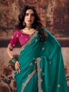 Teal Green Embroidered Designer Satin Silk Saree With Contrast Blouse