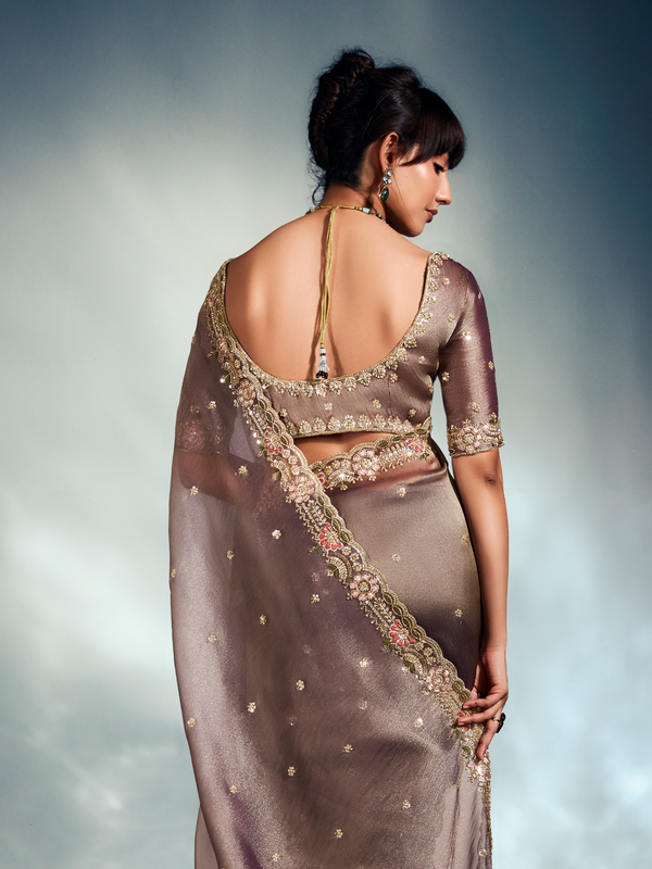 Mocha Brown Embroidered Designer Tissue Organza Silk Saree
