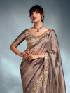 Mocha Brown Embroidered Designer Tissue Organza Silk Saree