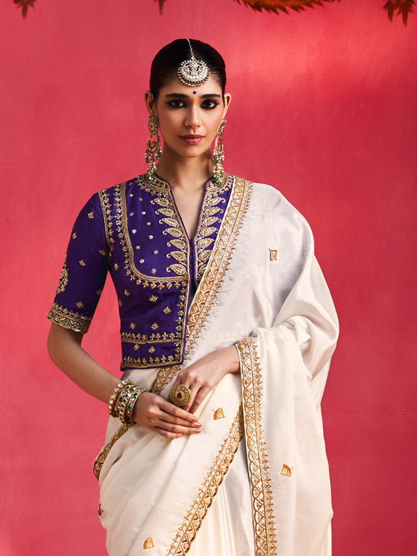 Ivory Embroidered Designer Satin Silk Saree With Contrast Blouse
