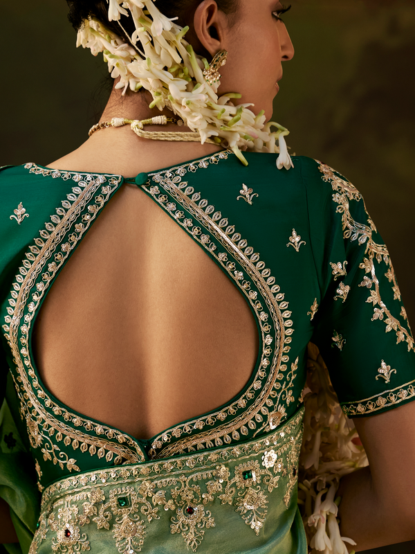 Sage Green Embroidered Designer Tissue Silk Saree With Contrast Blouse
