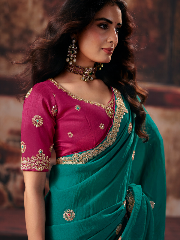 Teal Green Embroidered Designer Satin Silk Saree With Contrast Blouse