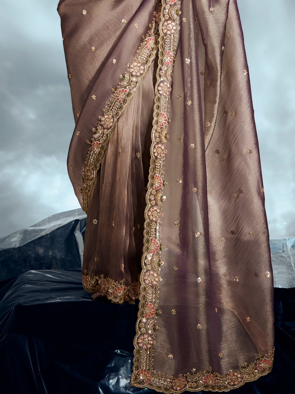 Mocha Brown Embroidered Designer Tissue Organza Silk Saree