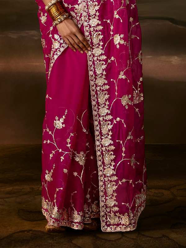 Magenta Pink Embroidered Designer Organza Silk Saree