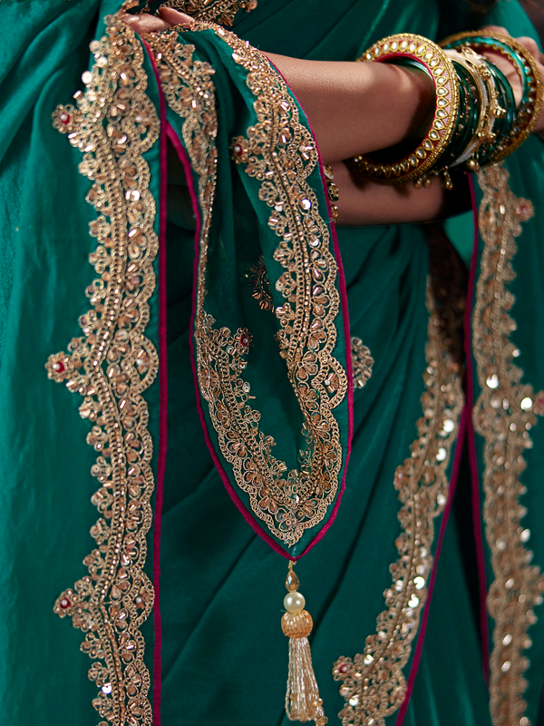 Teal Green Embroidered Designer Satin Silk Saree With Contrast Blouse