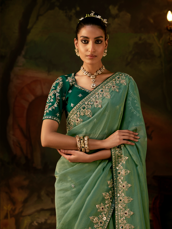 Sage Green Embroidered Designer Tissue Silk Saree With Contrast Blouse