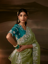 Sage Green Embroidered Designer Organza Silk Saree