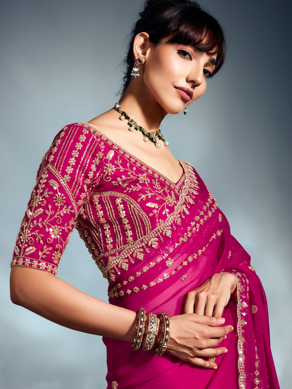 Rani Pink Embroidered Designer Tissue Organza Silk Saree