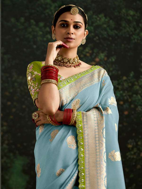 Powder Blue Designer Banarasi Dola Silk Saree With Golden Zari Work
