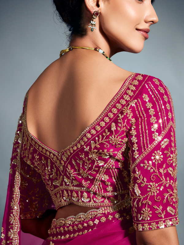 Rani Pink Embroidered Designer Tissue Organza Silk Saree