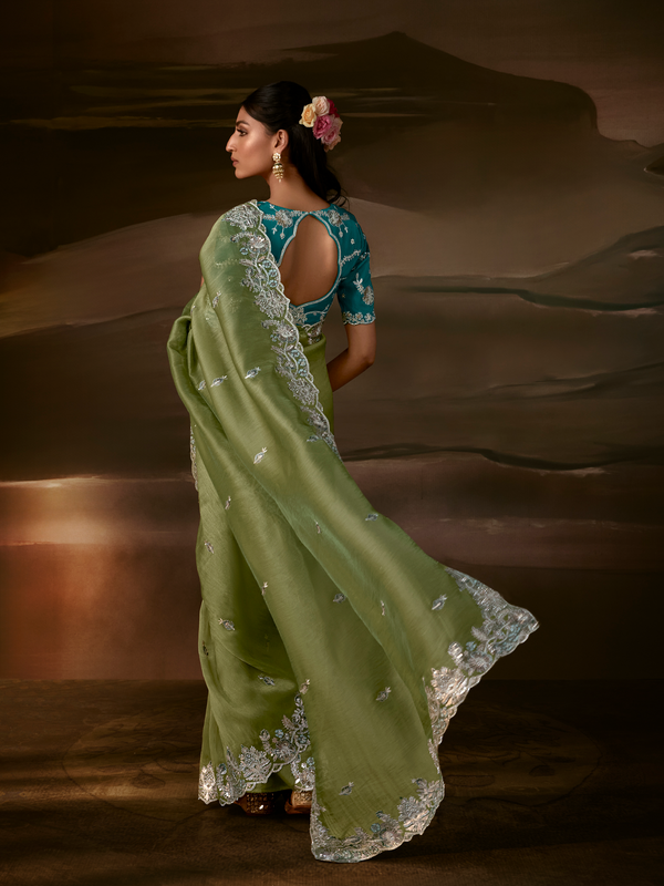 Sage Green Embroidered Designer Organza Silk Saree