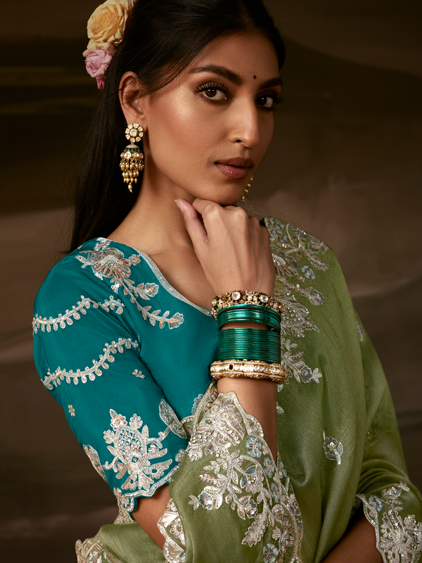 Sage Green Embroidered Designer Organza Silk Saree